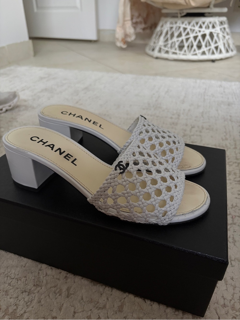 Chanel White Woven Slide Heels Mules 38.5